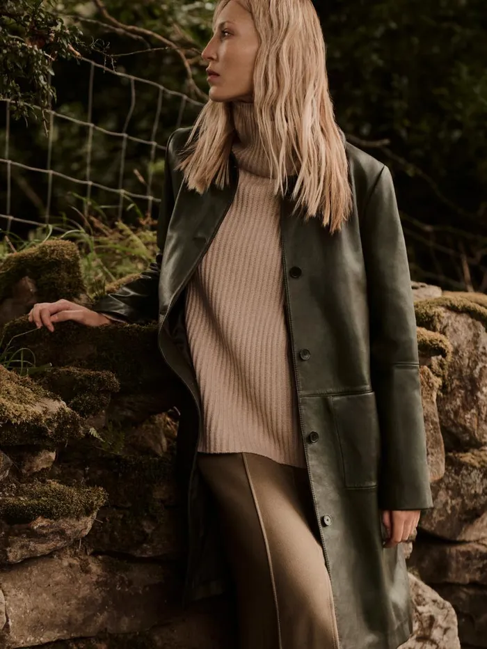 Jigsaw Leather Knee Length Coat Green Women Coats and Jackets