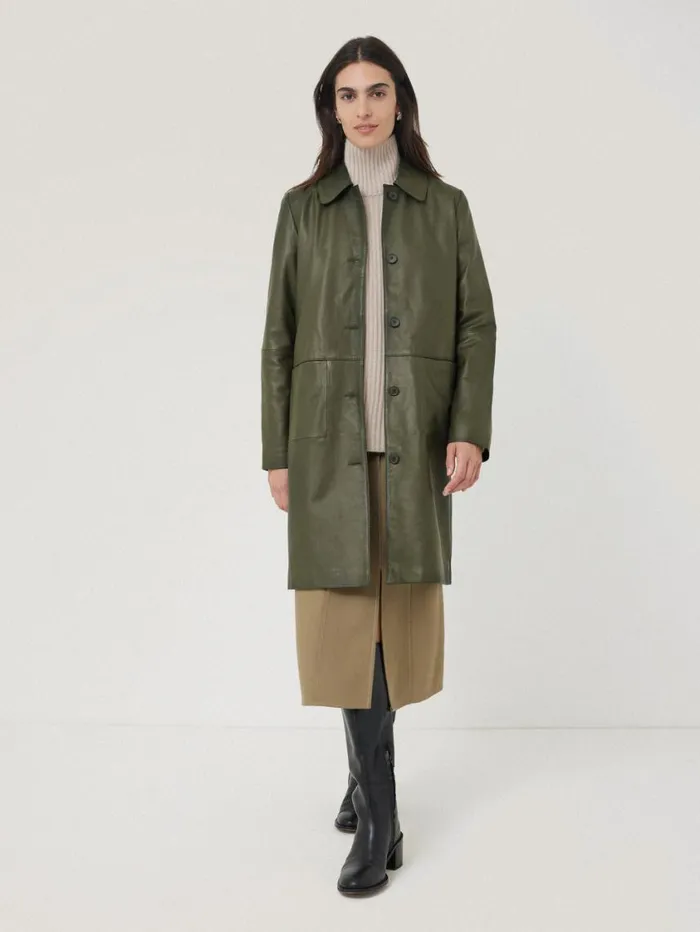 Jigsaw Leather Knee Length Coat Green Women Coats and Jackets