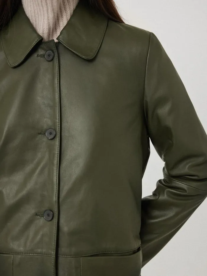 Jigsaw Leather Knee Length Coat Green Women Coats and Jackets