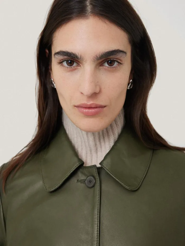 Jigsaw Leather Knee Length Coat Green Women Coats and Jackets