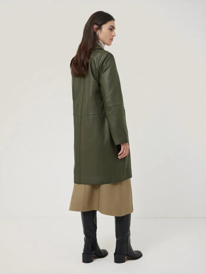 Jigsaw Leather Knee Length Coat Green Women Coats and Jackets