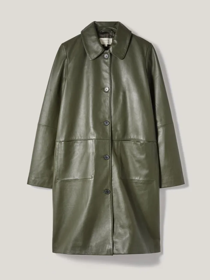 Jigsaw Leather Knee Length Coat Green Women Coats and Jackets