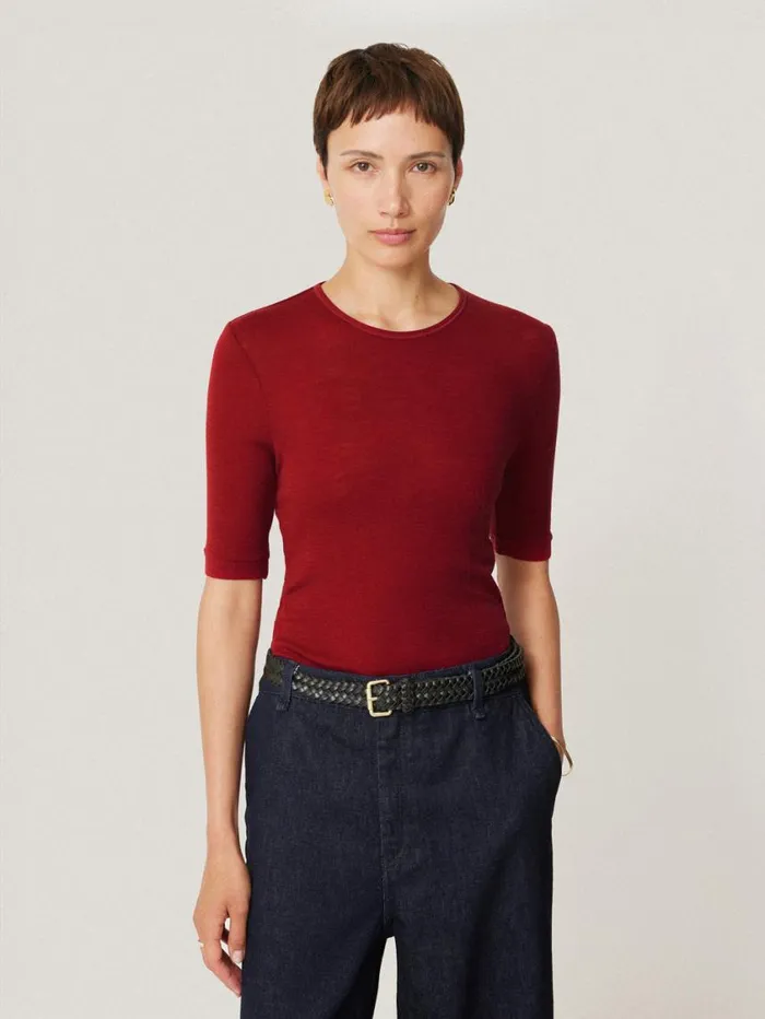 Jigsaw Merino Half Sleeve Tshirt Red Women Knitwear and Cashmere