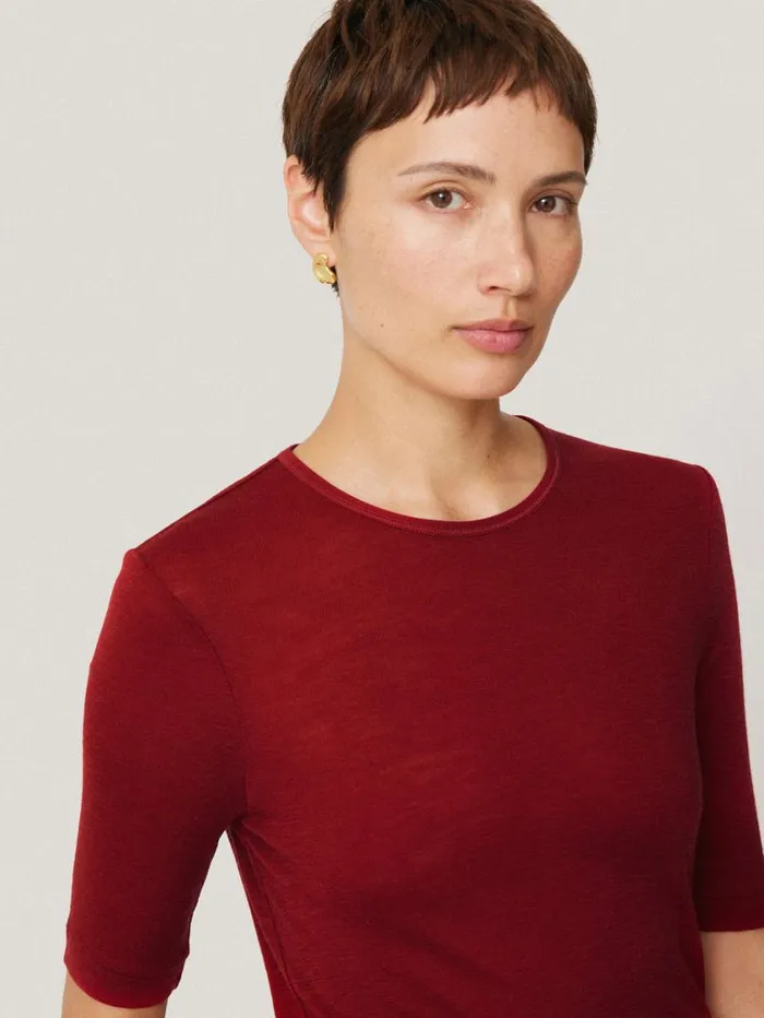 Jigsaw Merino Half Sleeve Tshirt Red Women Knitwear and Cashmere