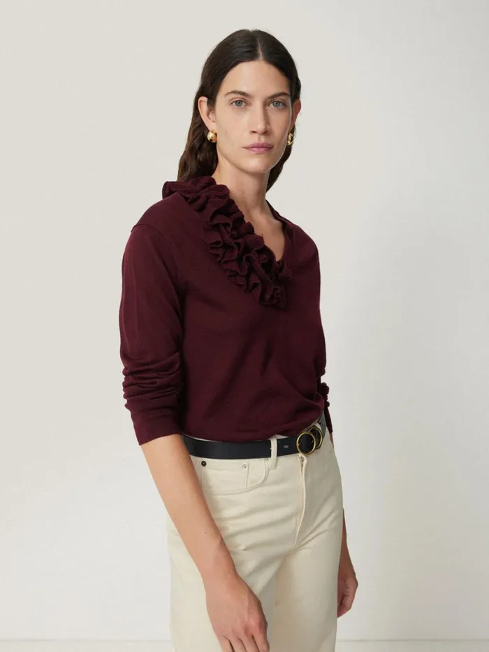 Jigsaw Merino Ruffle V Neck Jumper Burgundy Women Party