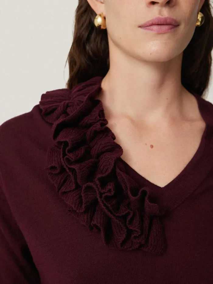 Jigsaw Merino Ruffle V Neck Jumper Burgundy Women Party
