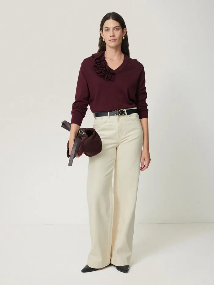 Jigsaw Merino Ruffle V Neck Jumper Burgundy Women Party