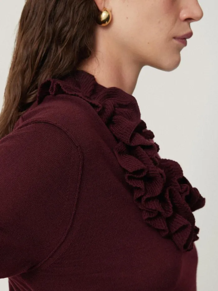 Jigsaw Merino Ruffle V Neck Jumper Burgundy Women Party