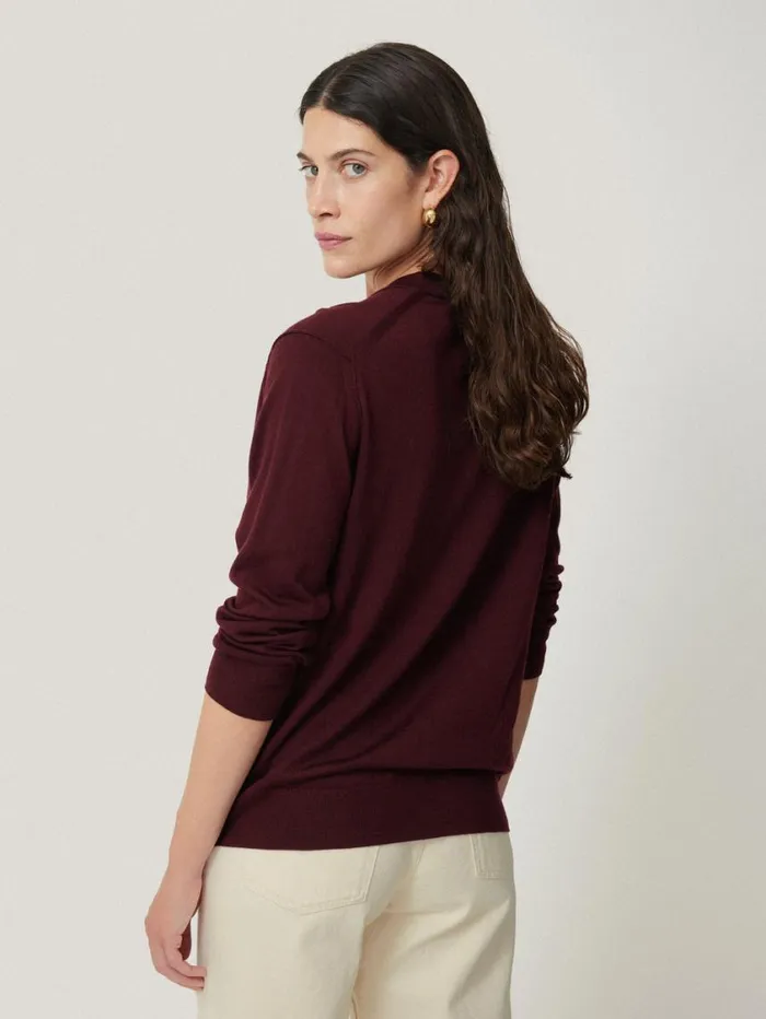 Jigsaw Merino Ruffle V Neck Jumper Burgundy Women Party