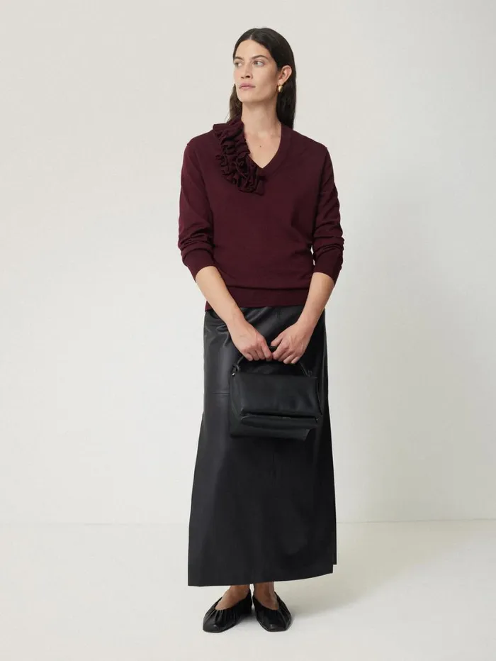 Jigsaw Merino Ruffle V Neck Jumper Burgundy Women Party