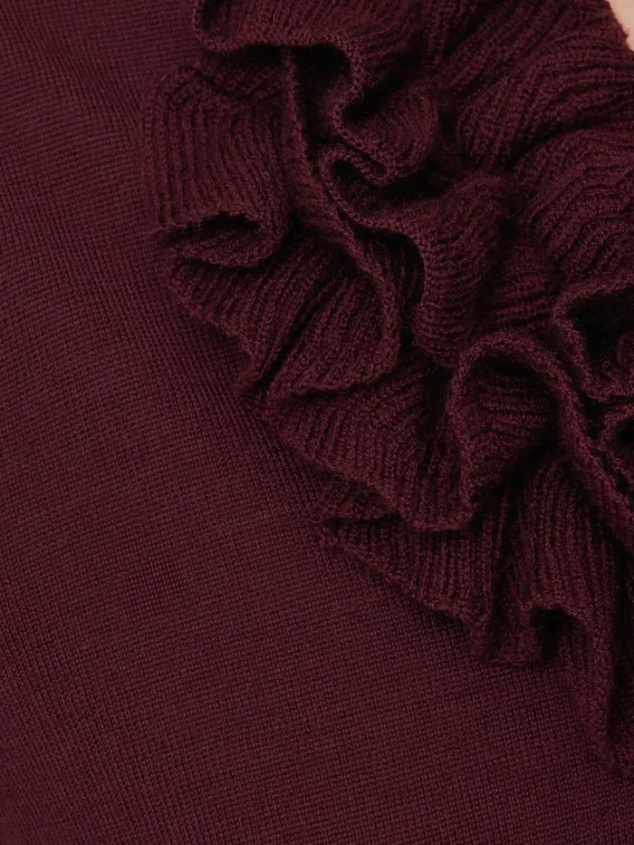 Jigsaw Merino Ruffle V Neck Jumper Burgundy Women Party