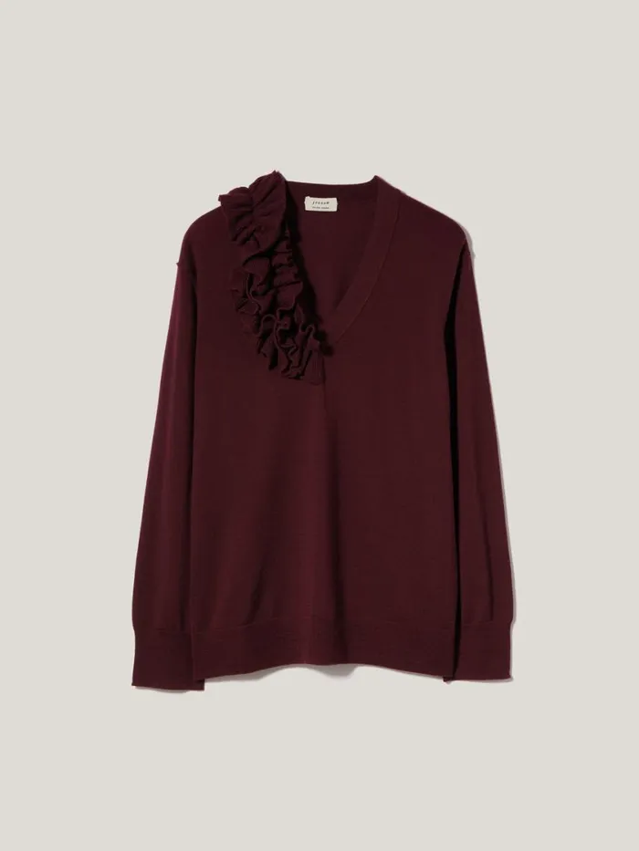 Jigsaw Merino Ruffle V Neck Jumper Burgundy Women Party