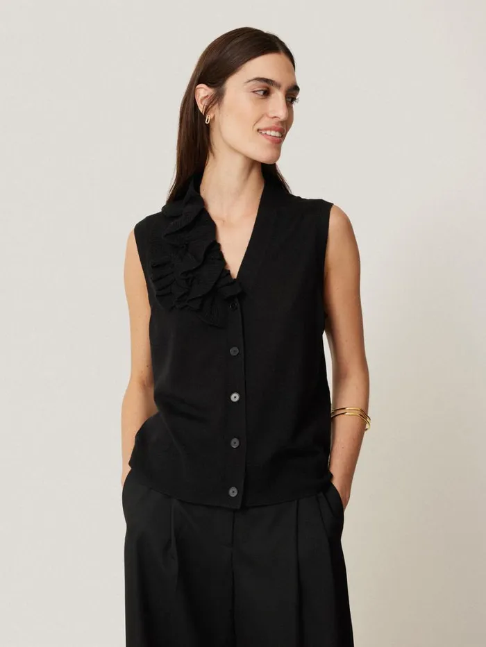 Jigsaw Merino Ruffle Waistcoat Black Women Knitwear and Cashmere