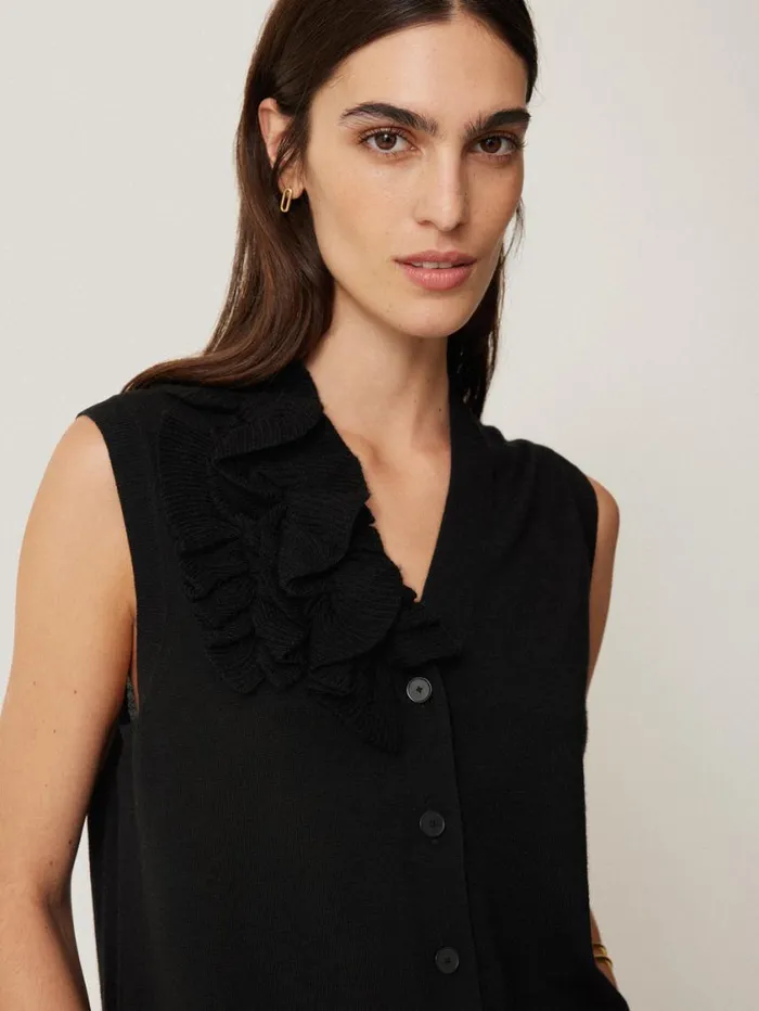 Jigsaw Merino Ruffle Waistcoat Black Women Knitwear and Cashmere