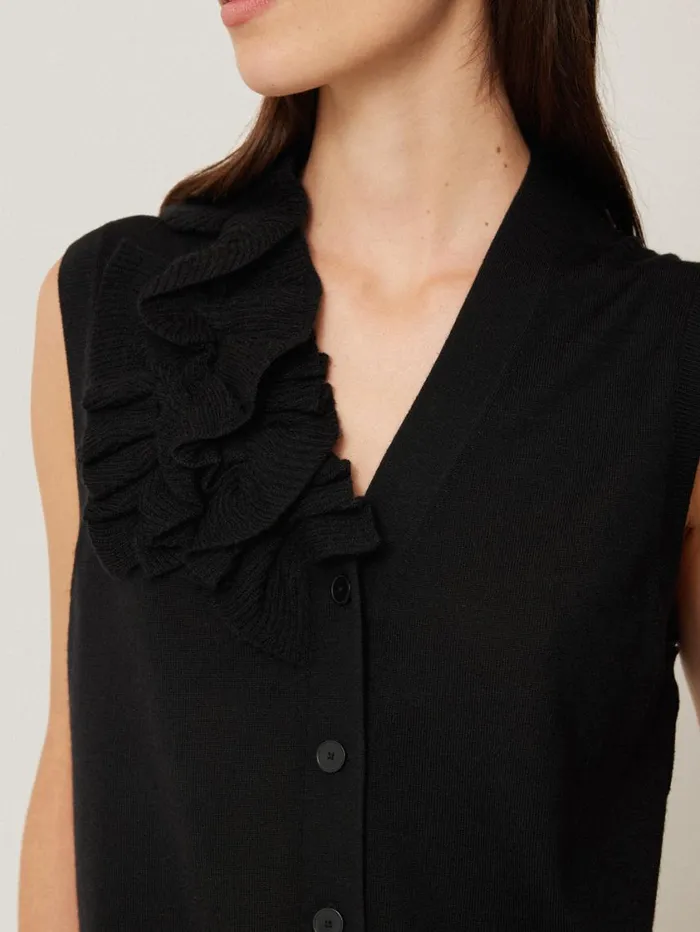 Jigsaw Merino Ruffle Waistcoat Black Women Knitwear and Cashmere