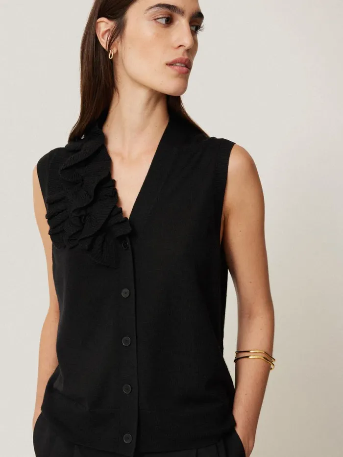 Jigsaw Merino Ruffle Waistcoat Black Women Knitwear and Cashmere