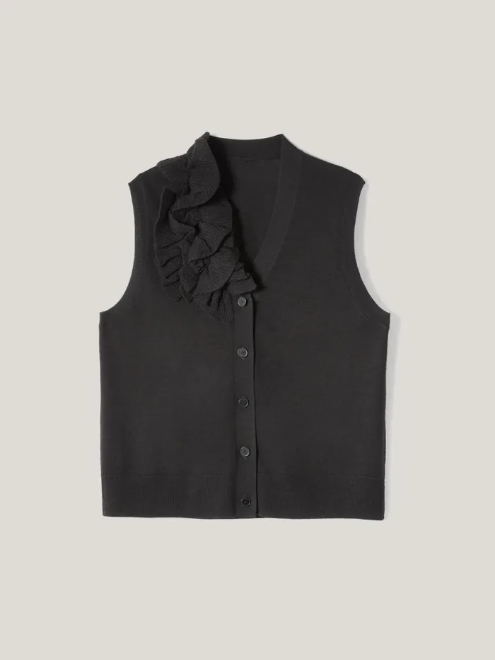 Jigsaw Merino Ruffle Waistcoat Black Women Knitwear and Cashmere