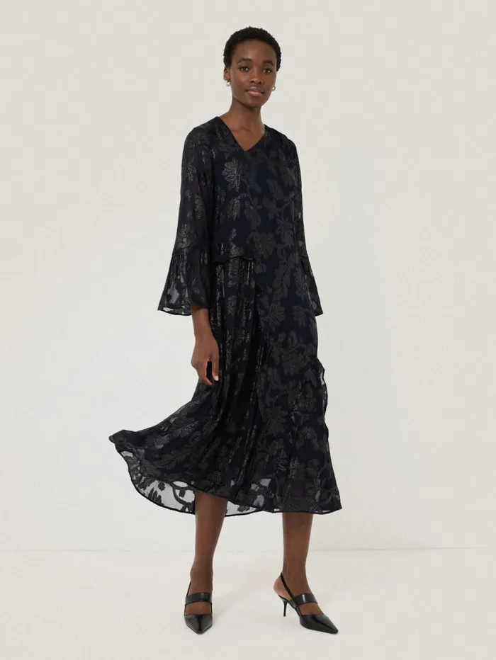 Jigsaw Metallic Jacquard Midi Dress Navy Women Party