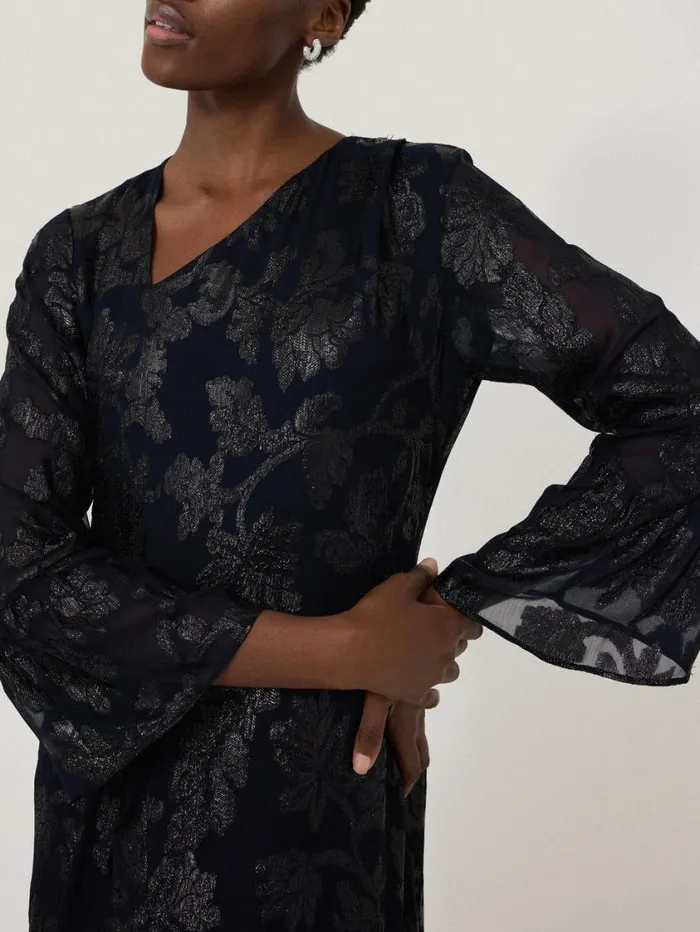 Jigsaw Metallic Jacquard Midi Dress Navy Women Party