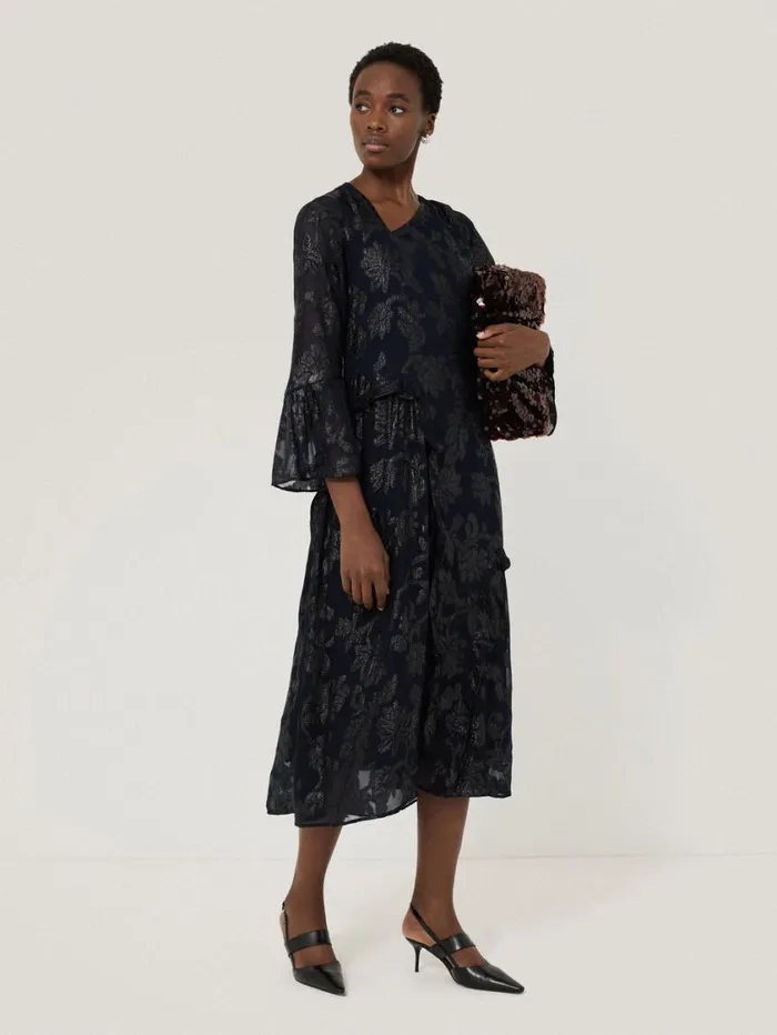 Jigsaw Metallic Jacquard Midi Dress Navy Women Party