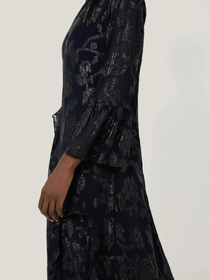 Jigsaw Metallic Jacquard Midi Dress Navy Women Party
