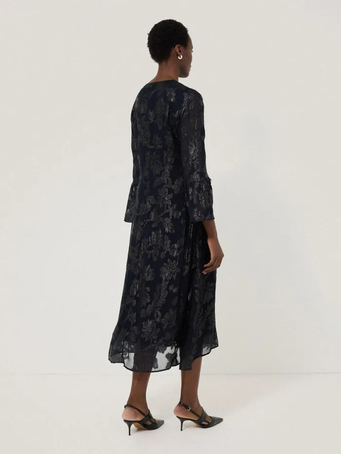 Jigsaw Metallic Jacquard Midi Dress Navy Women Party