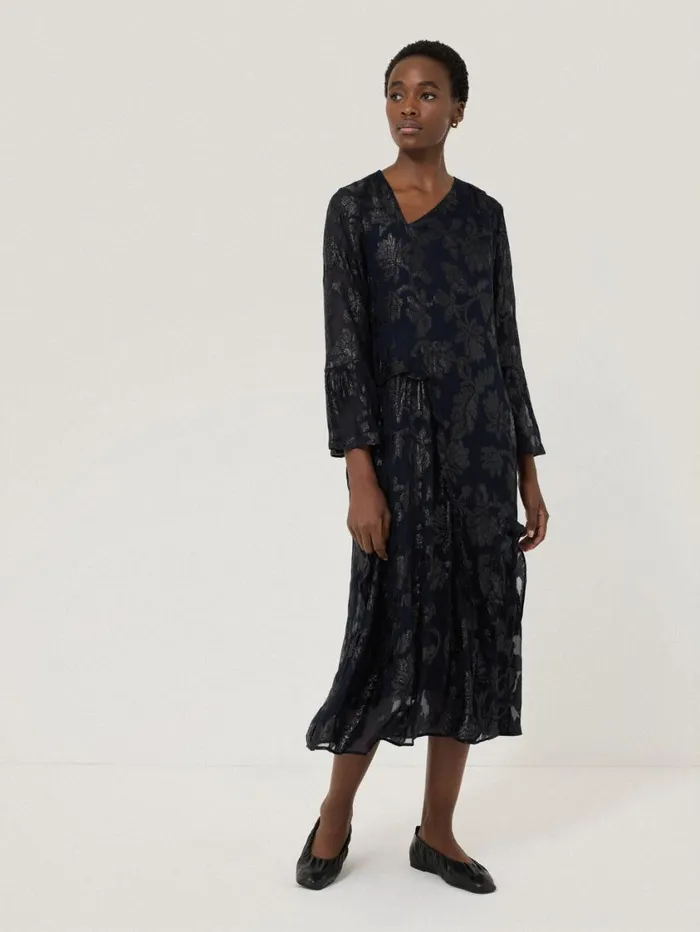 Jigsaw Metallic Jacquard Midi Dress Navy Women Party
