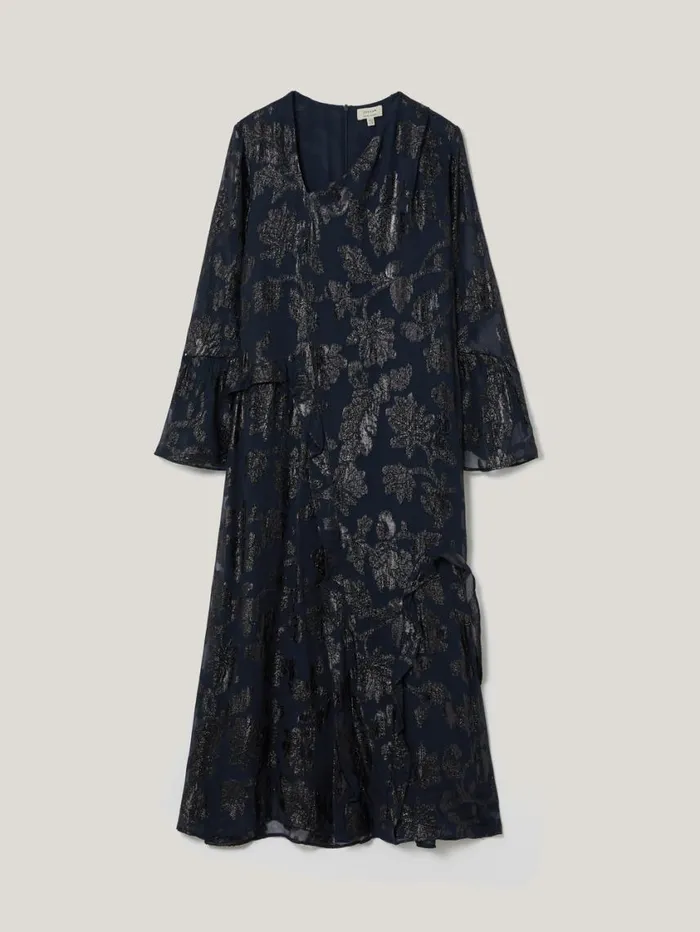 Jigsaw Metallic Jacquard Midi Dress Navy Women Party