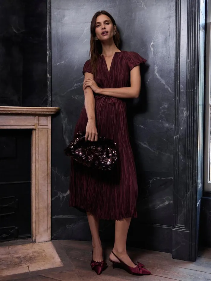 Jigsaw Plisse Belted Dress Red Women Party