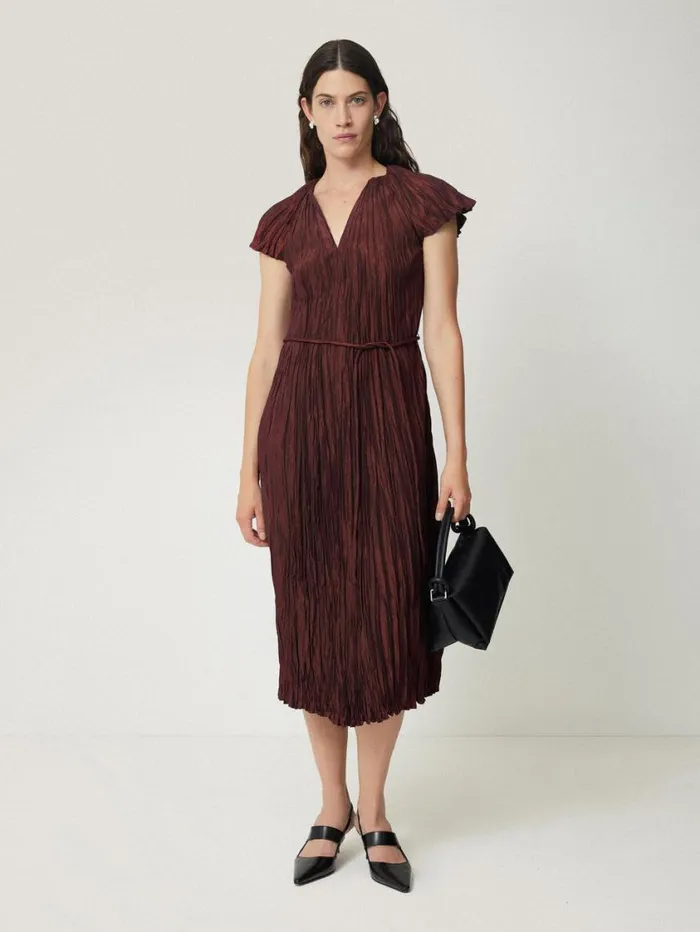 Jigsaw Plisse Belted Dress Red Women Party