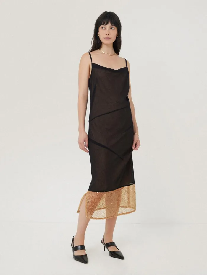 Jigsaw Sequin Mesh Dress Black Women Party