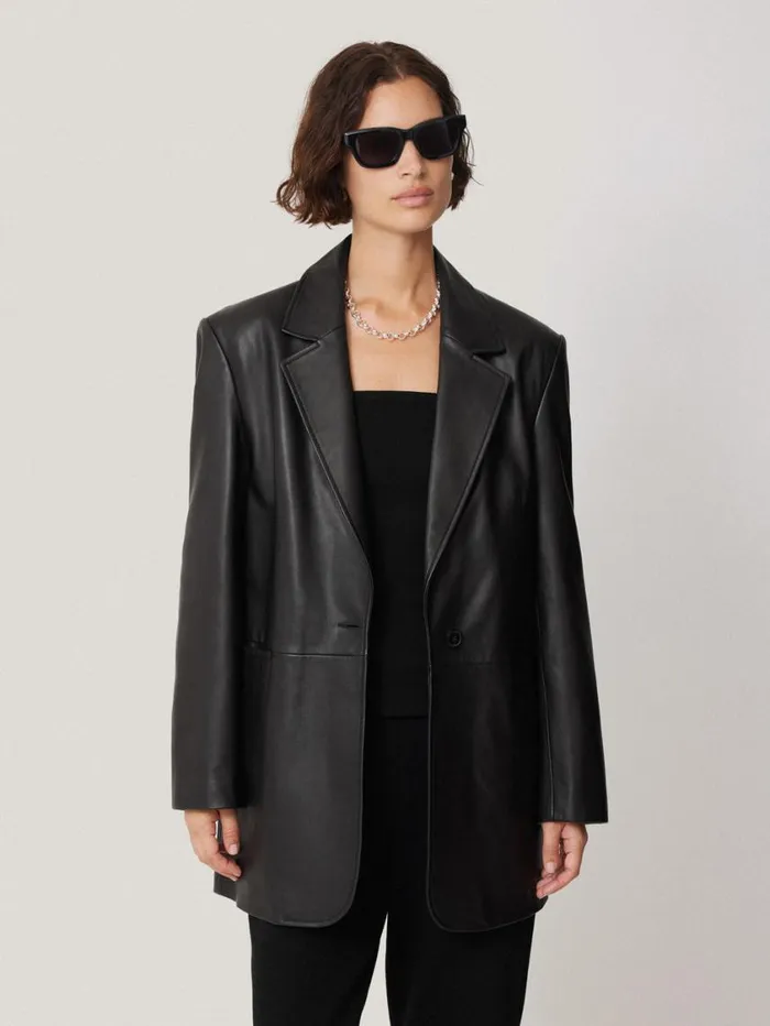 Jigsaw Tailored Leather Blazer Black Women Coats and Jackets