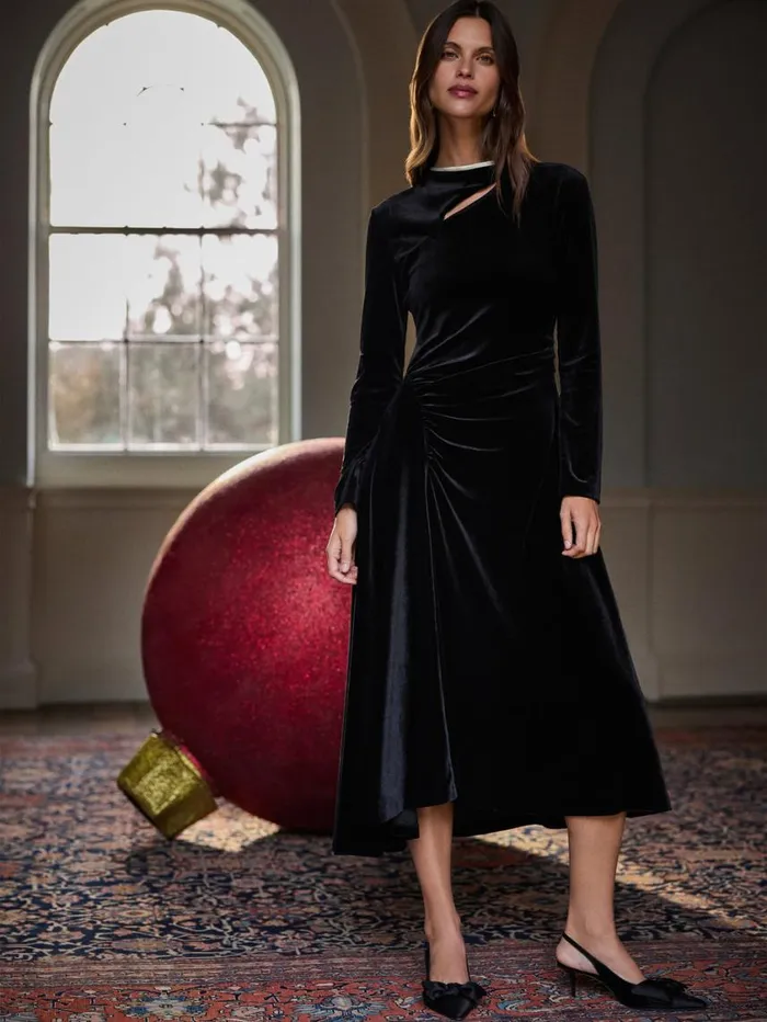 Jigsaw Velvet Ruched Dress Black Women Party