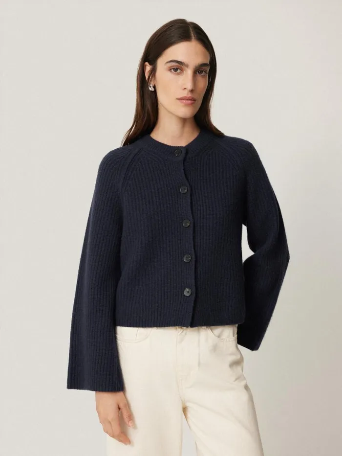 Jigsaw Wool Cashmere Blend Rib Cardigan Navy Women Knitwear and Cashmere