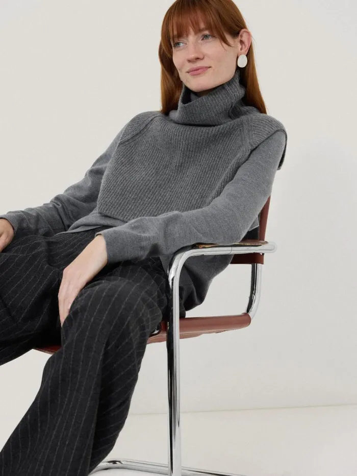 Jigsaw Wool Cashmere Roll Neck Bib Grey Women Shirts and Tops