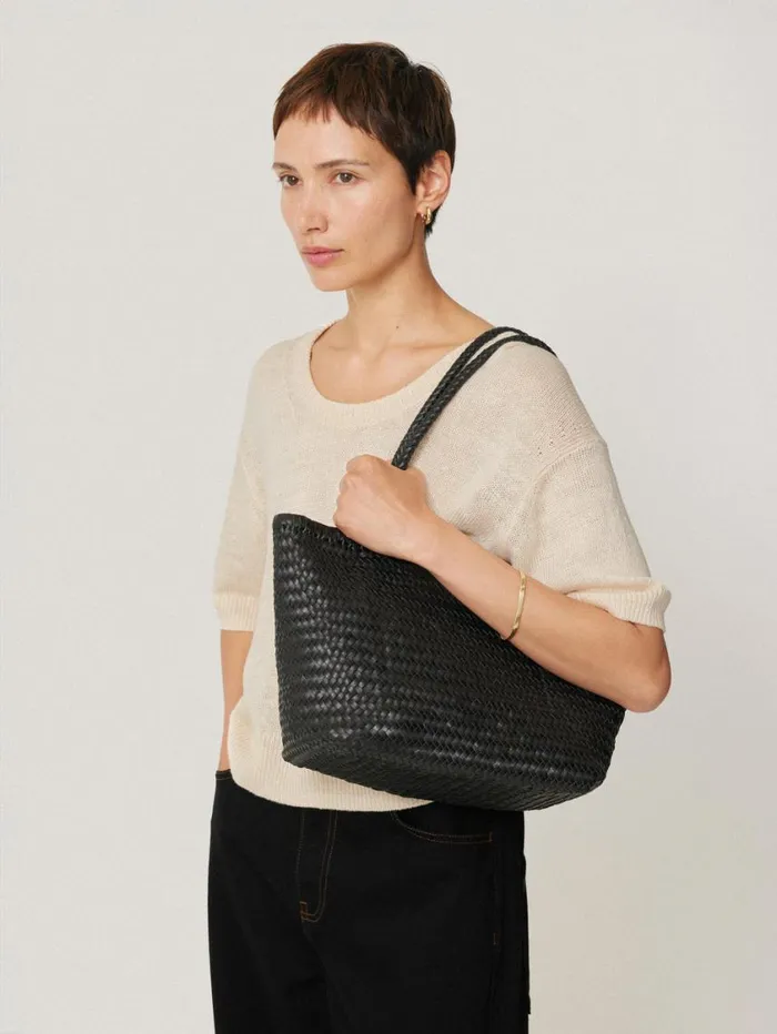 Jigsaw Woven Leather Tote Bag Black Women Leather