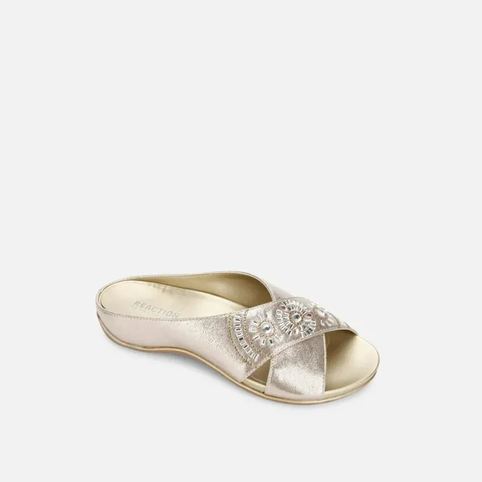 Kenneth Cole Glam Metallic X Band Slide Soft Gold Women Sandals