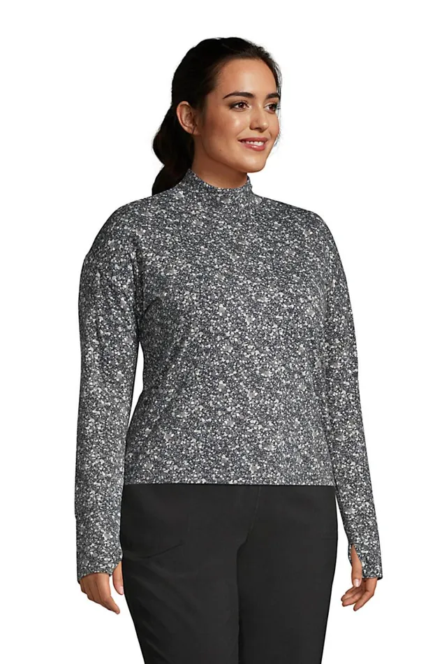 Lands039 End Activewear Women Plus Size Performance Mock Neck Topprint Black Floral