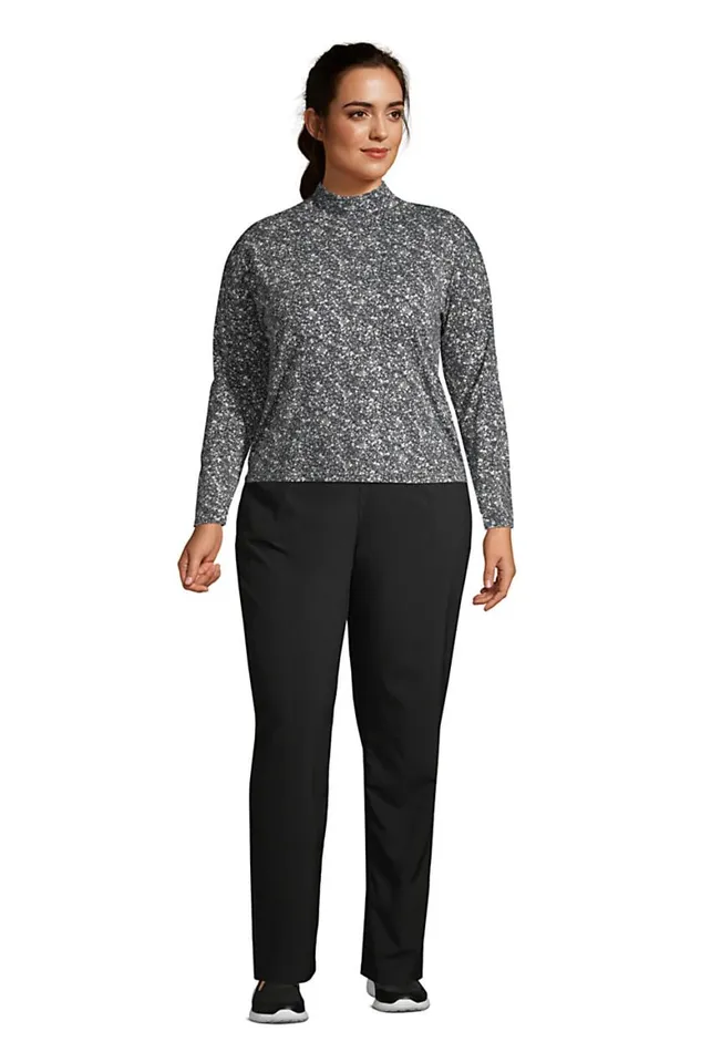 Lands039 End Activewear Women Plus Size Performance Mock Neck Topprint Black Floral