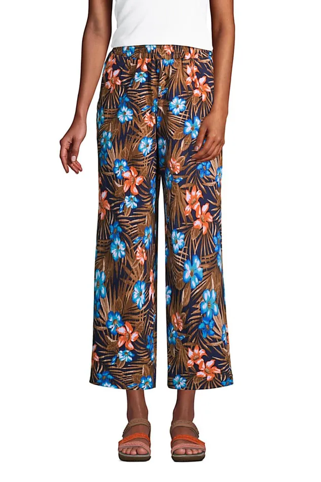 Lands039 End Capris and Crop Pants Women High Rise Pull On Elastic Waist Wide Leg Crinkle Knit Crop Pants Deep Sea Navy Tropic Palm Lands039 End Capris and Crop Pants Women High Rise Pull On Elastic Waist Wide Leg Crinkle Knit Crop Pants Deep Sea Navy Tropic Palm