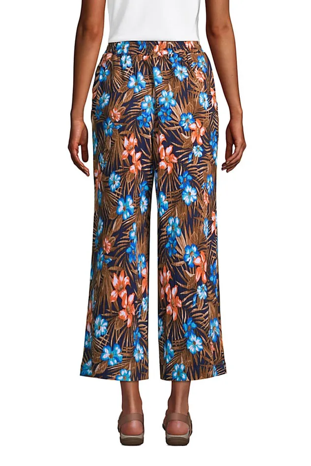 Lands039 End Capris and Crop Pants Women High Rise Pull On Elastic Waist Wide Leg Crinkle Knit Crop Pants Deep Sea Navy Tropic Palm Lands039 End Capris and Crop Pants Women High Rise Pull On Elastic Waist Wide Leg Crinkle Knit Crop Pants Deep Sea Navy Tropic Palm