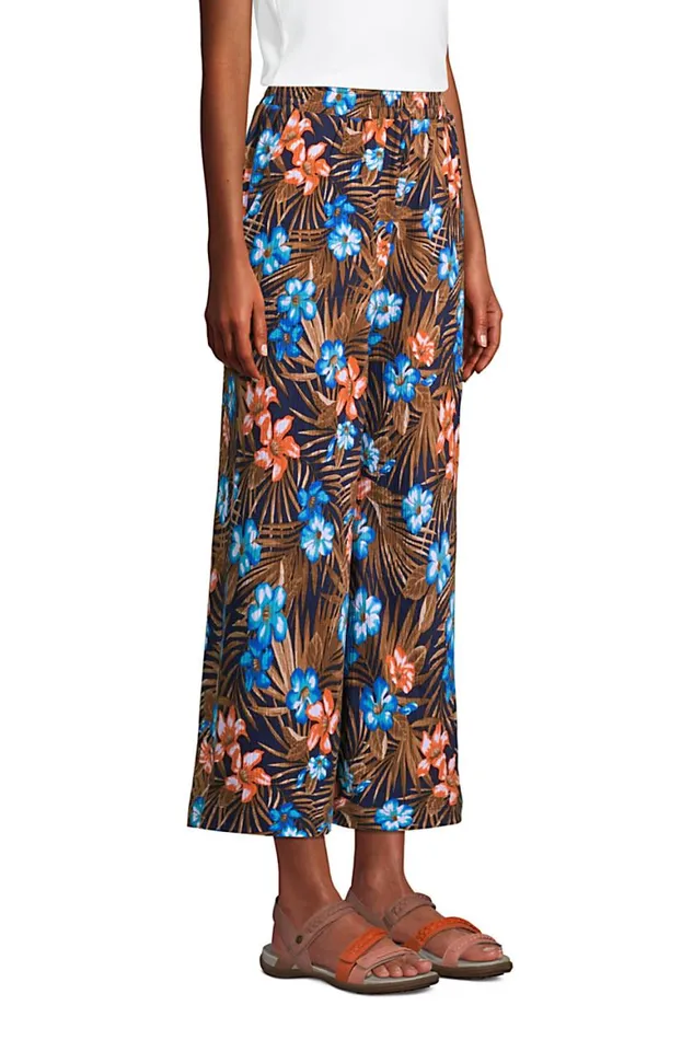 Lands039 End Capris and Crop Pants Women High Rise Pull On Elastic Waist Wide Leg Crinkle Knit Crop Pants Deep Sea Navy Tropic Palm Lands039 End Capris and Crop Pants Women High Rise Pull On Elastic Waist Wide Leg Crinkle Knit Crop Pants Deep Sea Navy Tropic Palm