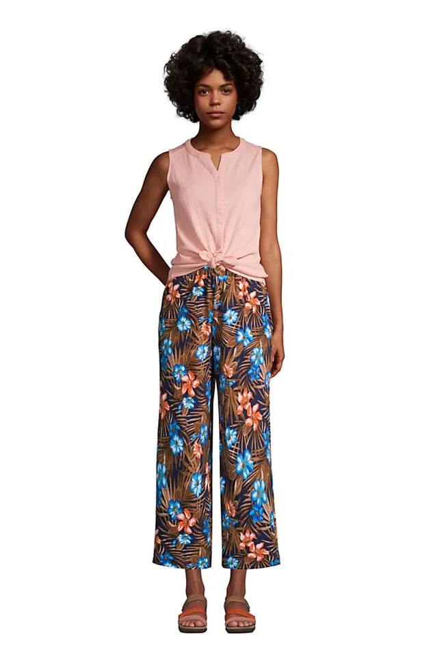 Lands039 End Capris and Crop Pants Women High Rise Pull On Elastic Waist Wide Leg Crinkle Knit Crop Pants Deep Sea Navy Tropic Palm Lands039 End Capris and Crop Pants Women High Rise Pull On Elastic Waist Wide Leg Crinkle Knit Crop Pants Deep Sea Navy Tropic Palm