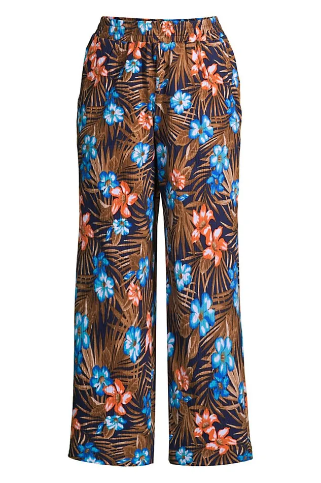 Lands039 End Capris and Crop Pants Women High Rise Pull On Elastic Waist Wide Leg Crinkle Knit Crop Pants Deep Sea Navy Tropic Palm Lands039 End Capris and Crop Pants Women High Rise Pull On Elastic Waist Wide Leg Crinkle Knit Crop Pants Deep Sea Navy Tropic Palm