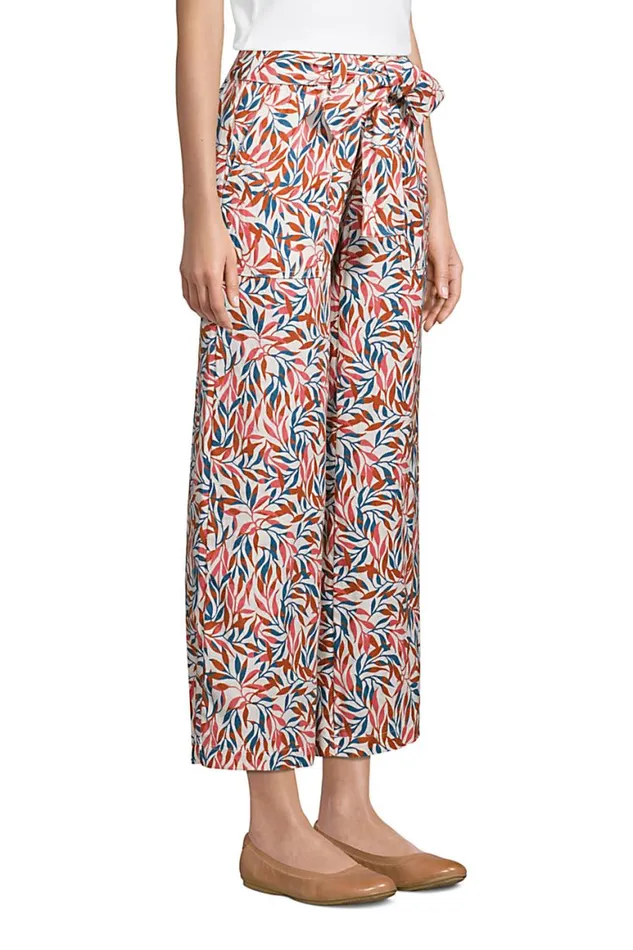Lands039 End Capris and Crop Pants Women High Rise Tie Waist Wide Leg Linen Crop Pants Ivory Multi Dyed Leaves Lands039 End Capris and Crop Pants Women High Rise Tie Waist Wide Leg Linen Crop Pants Ivory Multi Dyed Leaves