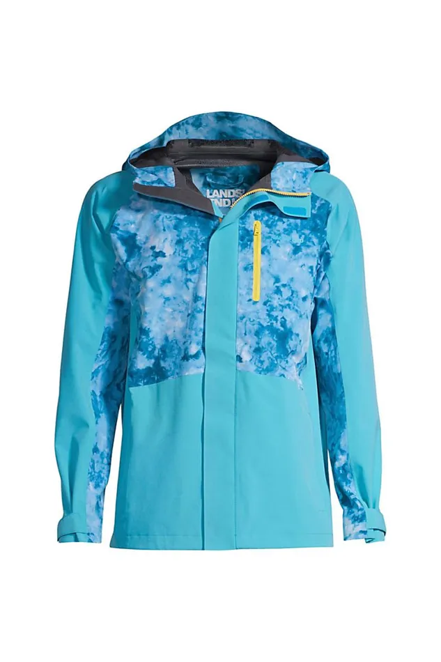 Lands039 End Coats and Jackets Men Big And Tall Packable 25 Layer Waterproof Stretch Shell Rain Jacket With Hood Turquoise Tie Dye Colorblock