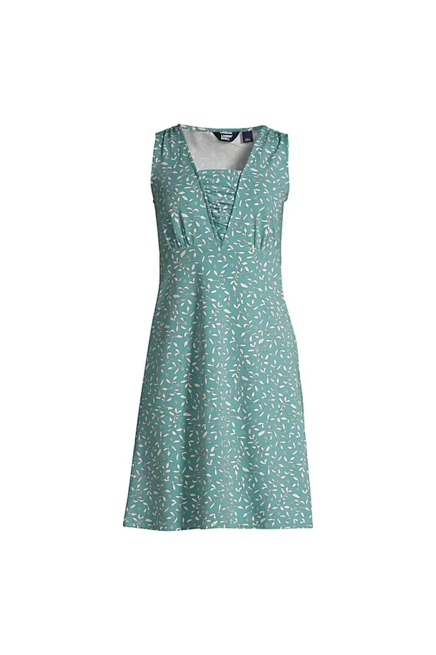 Lands039 End Dresses Women Blend Grecian Fit N Flare Dress Teal Shadow Floral Leaf