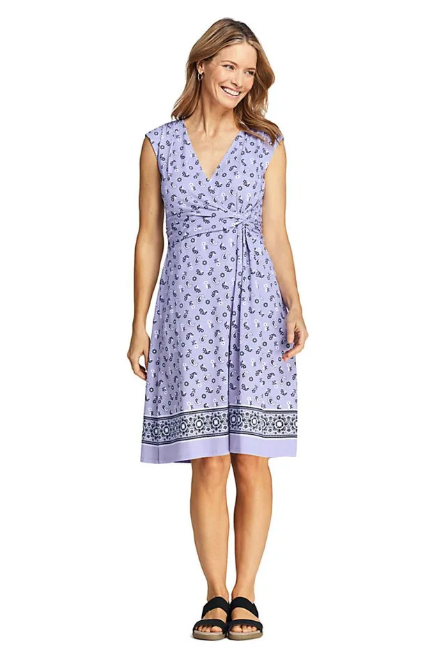 Lands039 End Dresses Women Cap Sleeve Surplice Wrap Knee Length Fit And Flare Dress 8211 Print Lavender Cloud Border Print Lands039 End Dresses Women Cap Sleeve Surplice Wrap Knee Length Fit And Flare Dress 8211 Print Lavender Cloud Border Print