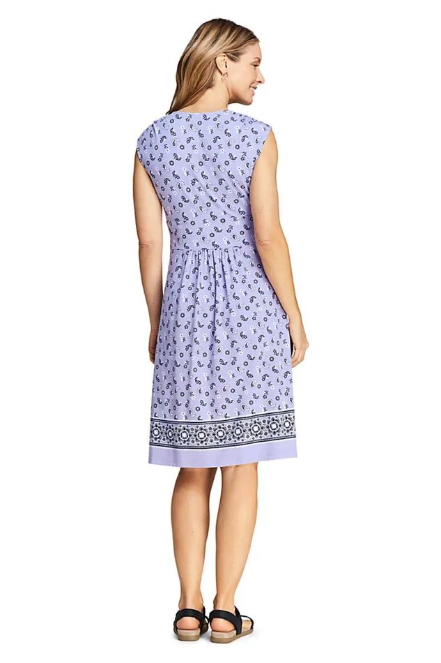 Lands039 End Dresses Women Cap Sleeve Surplice Wrap Knee Length Fit And Flare Dress 8211 Print Lavender Cloud Border Print Lands039 End Dresses Women Cap Sleeve Surplice Wrap Knee Length Fit And Flare Dress 8211 Print Lavender Cloud Border Print