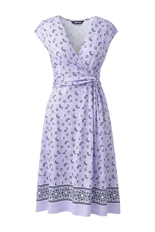 Lands039 End Dresses Women Cap Sleeve Surplice Wrap Knee Length Fit And Flare Dress 8211 Print Lavender Cloud Border Print Lands039 End Dresses Women Cap Sleeve Surplice Wrap Knee Length Fit And Flare Dress 8211 Print Lavender Cloud Border Print